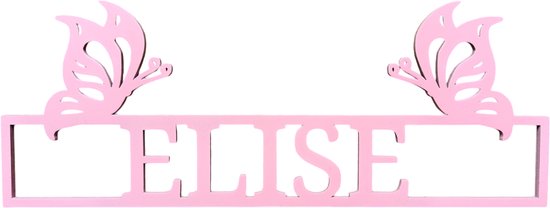Plaque signalétique en bois personnalisée avec papillons - Plaque de porte Uniek pour chambre d'enfant avec nom dans une fenêtre carrée - 38x15 cm - Rose