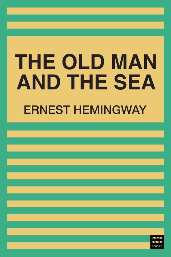 Boek "The Old Man and the Sea" van Ernest Hemingway met gele en groene horizontale strepen en de tekst "POMO DORO BOOKS".