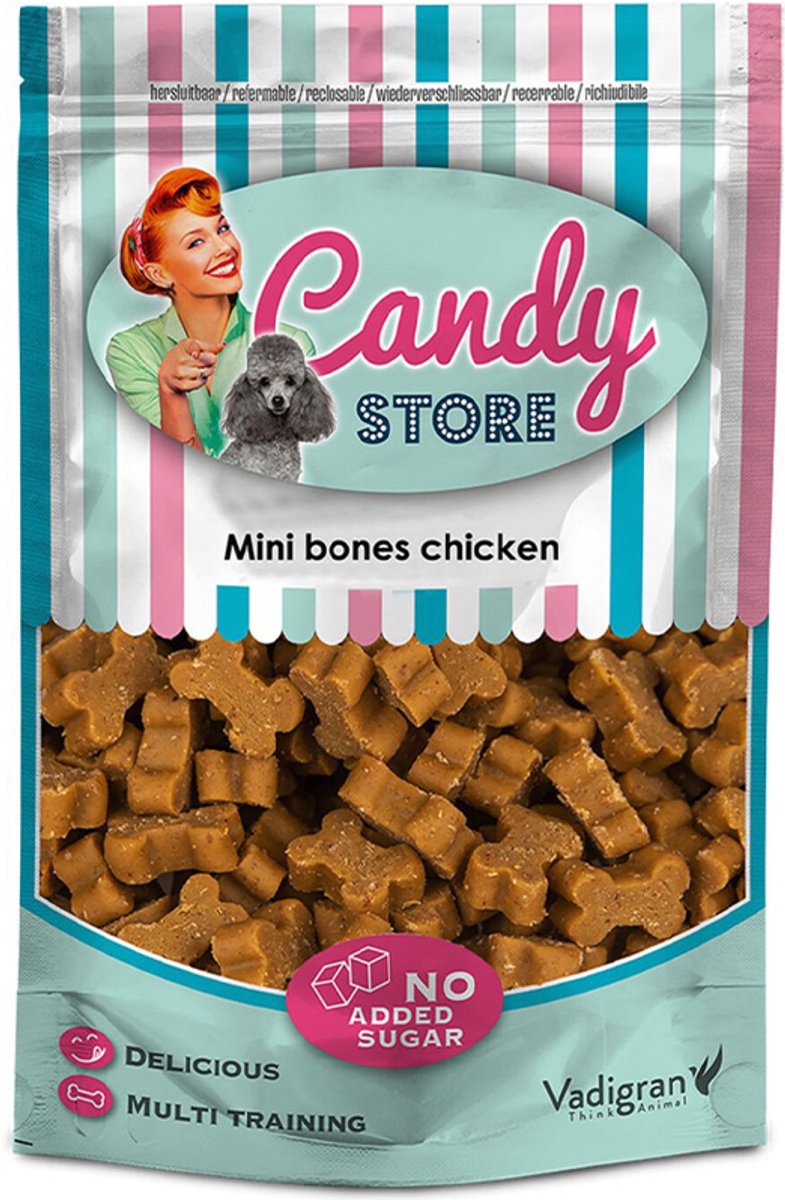 Vadigran candy store - hondensnacks - minibones kip - 180 gr *** 3X*** = 540 gr - geen suiker toegevoegd - multi training