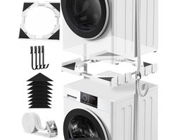 Ultradunne Universele Stapelset voor Wasmachine en Droger - Diepte Verstelbaar 45-68 cm - Wit - Inclusief Zwarte Ratelband + 4 Haken - TÜV Getest - Ruimtebesparend Tussenframe - Trillingsarm en Veilig