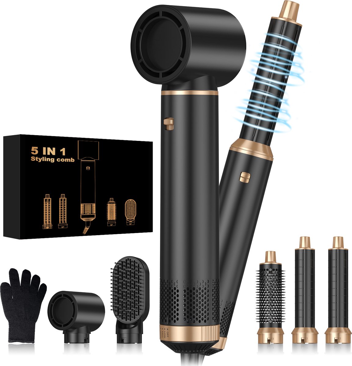 UKLISS 5-in-1 Multistyler – Föhnborstel – Krulborstel – Stijltang – Krultang – Airstyler met 5 Opzetstukken – Föhn met 3 Warmtestanden tot 105°C – Nieuwste 2025 Model – Inclusief Hittebestendige Handschoen