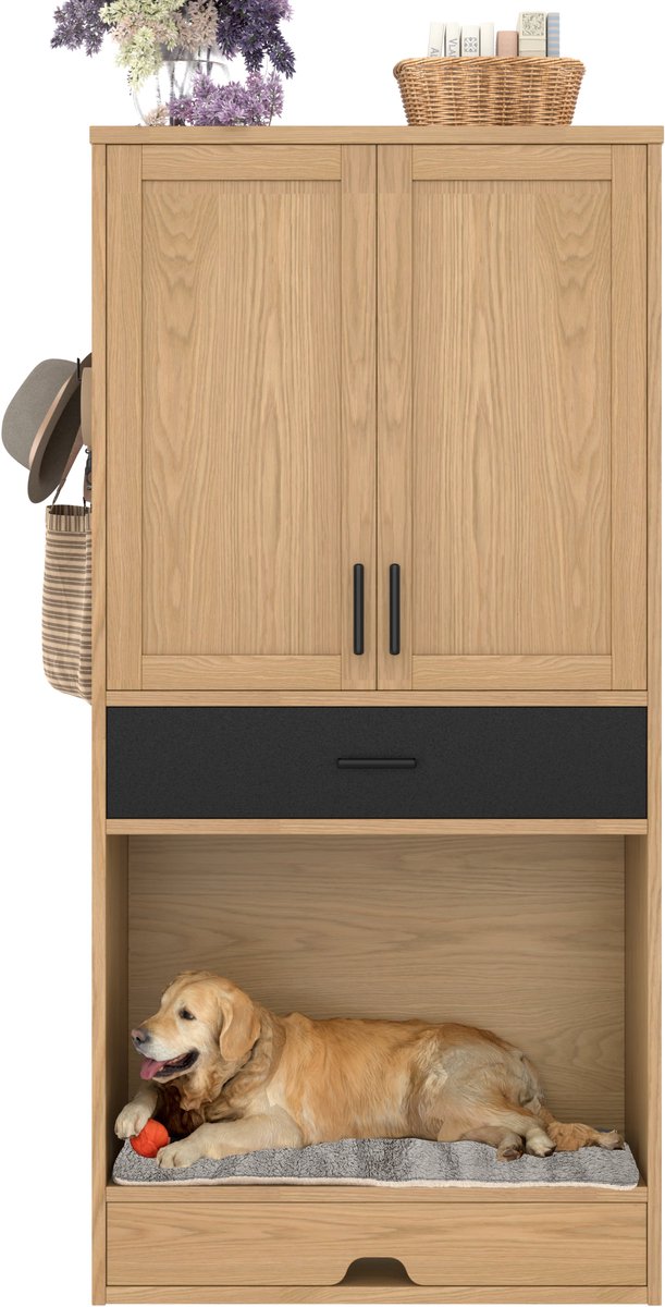 Merax Multifunctionele Keukenkast – Hondenkast met Voerstation en Slaapplek voor Dieren – Eiken Bruin met Zwart – 79x40x160 cm