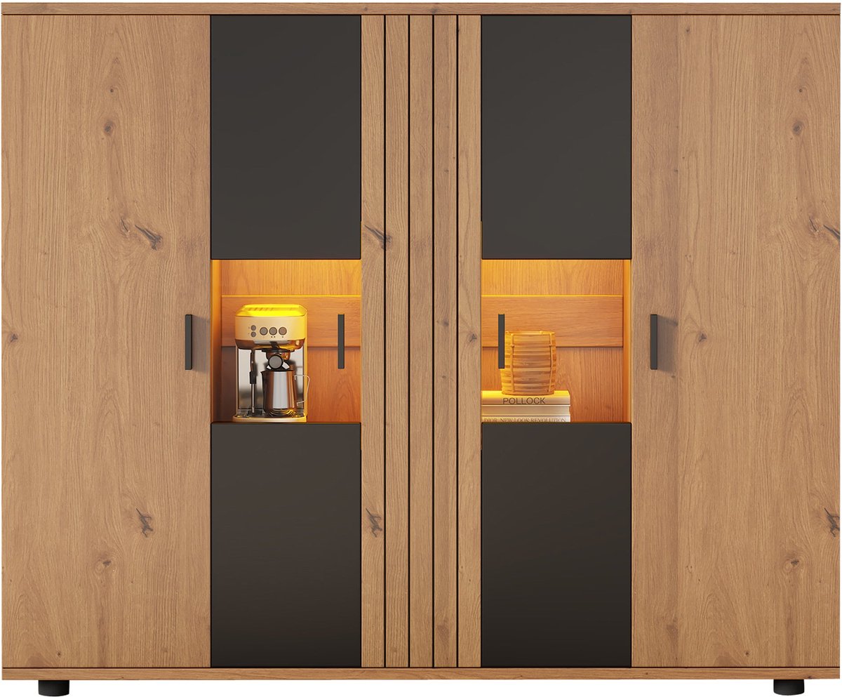 Merax Dressoir met LED Verlichting en Verstelbare Planken – Opbergkast met 4 Deuren – Bruin met Zwart
