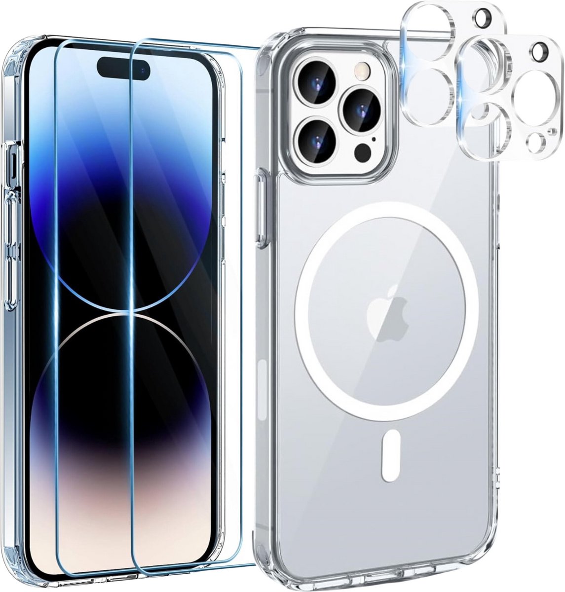 iPhone 16 Pro Hoesje backcover Shockproof siliconen Transparant met geïntegreerde magnetische cirkel + 2 gehard glazen screenprotectors + 2 Camera Protector van glas