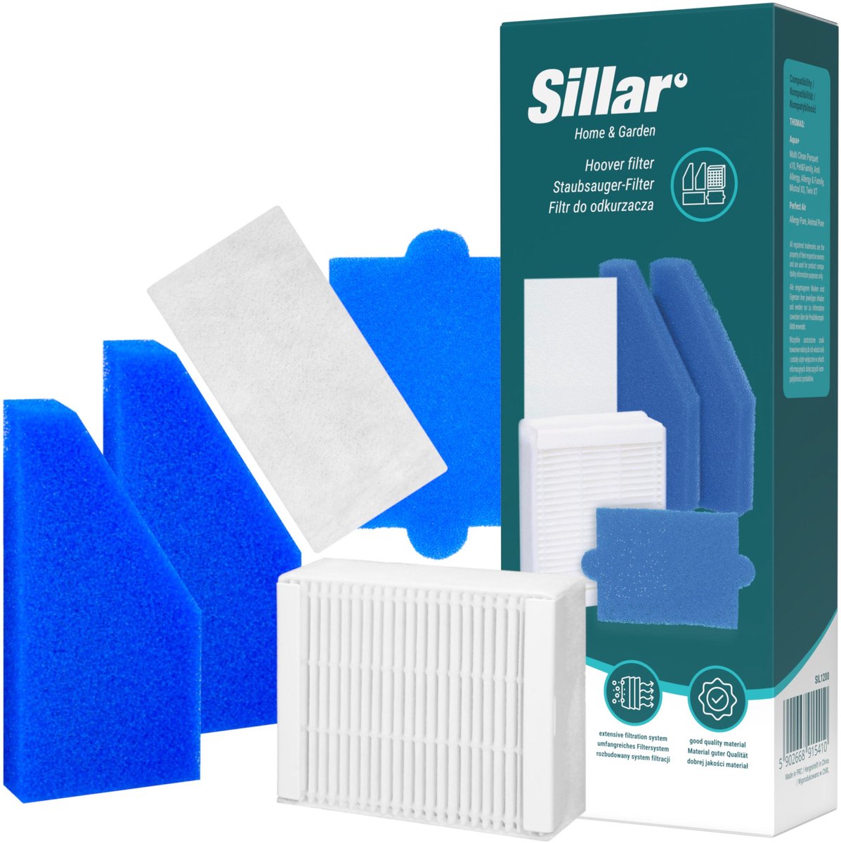 Sillar, set 5 stofzuigerfilter, wasbaar, HEPA, motorfilter, sponzenfilters, geschiktvoor de waterstofzuiger Thomas Aqua+ Pet & Family, Perfect Air, Twin, vervanging EA 787241.787276.787203