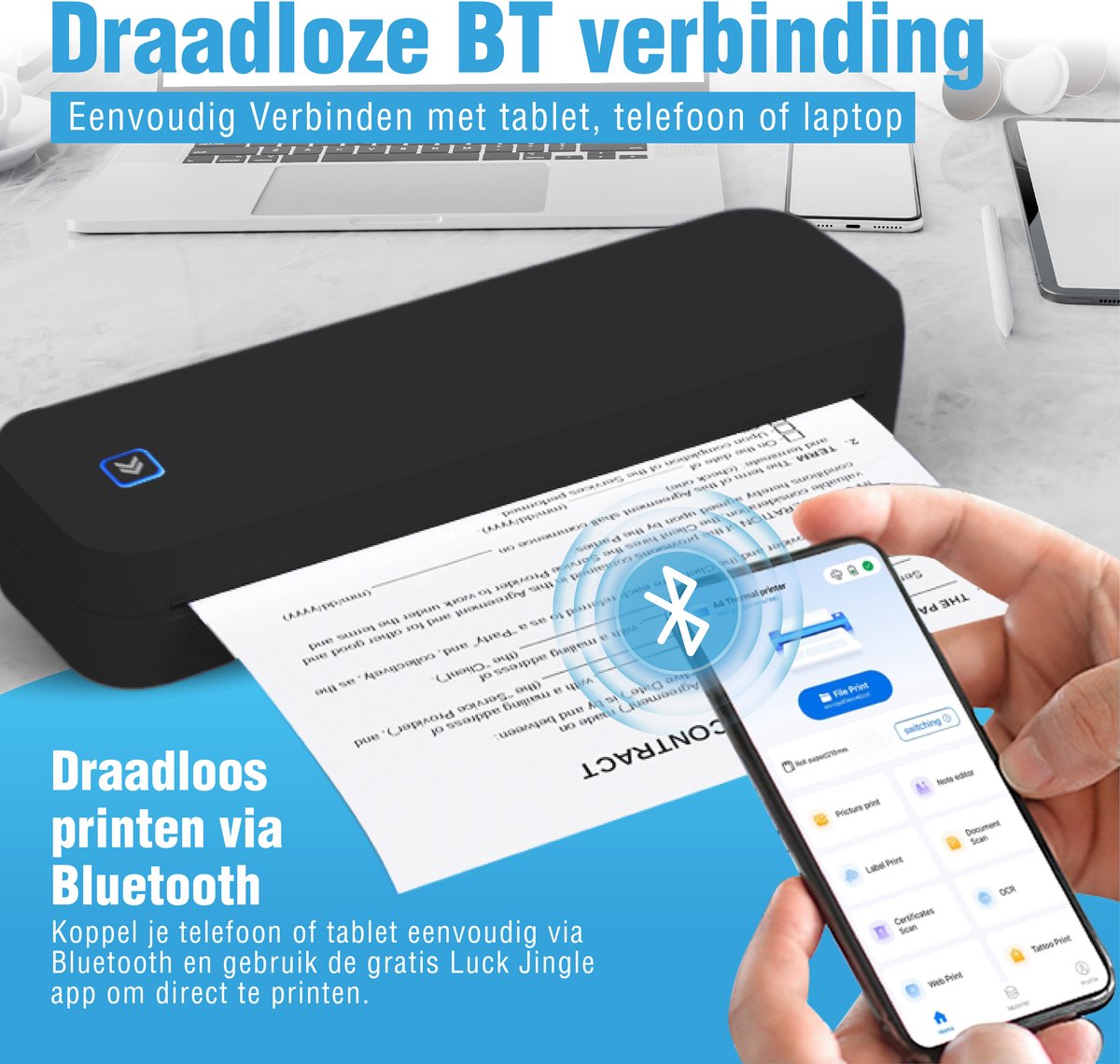 Impressora Térmica® - Thermische A4 printer - Mini Printer voor Mobiel/Tablet/Laptop - 304 DPI - Pocket Printer - Tattoo printer - Inclusief twee rollen thermisch papier - Zwart — afbeelding 3