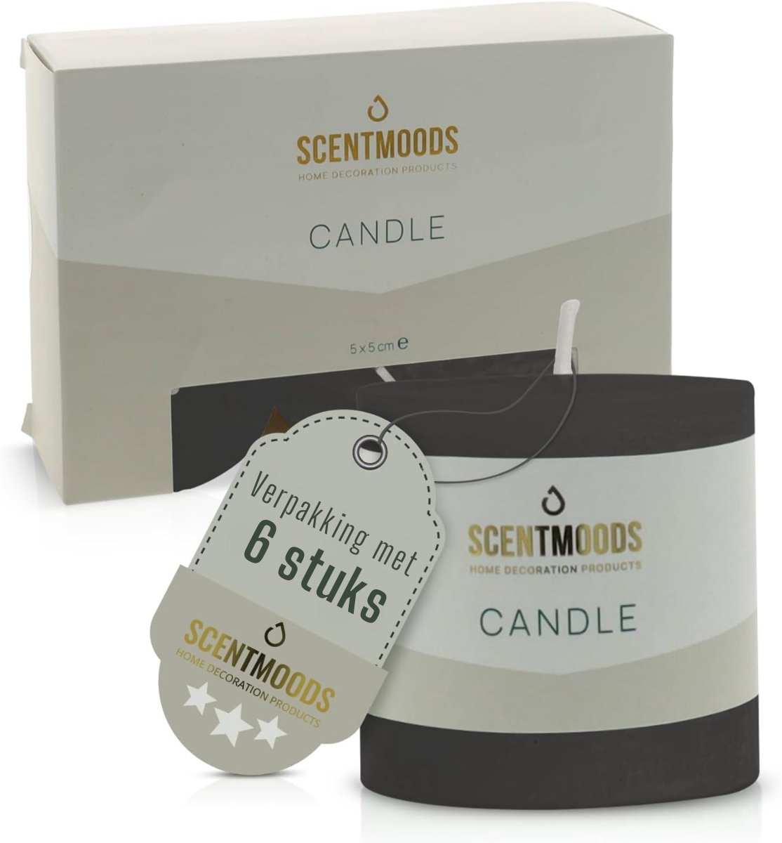 Scentmoods - Rustieke Kaarsen - Stompkaars - Set van 6 - Zwart - Kaars - 5x5cm