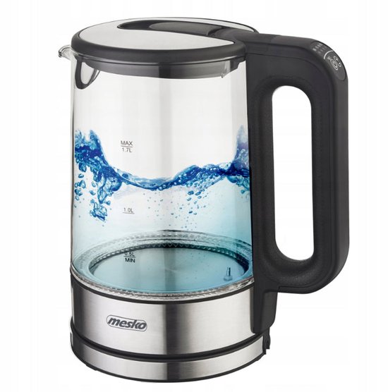 Glazen waterkoker met zwart handvat en RVS voet, met blauw licht en bewegend water.