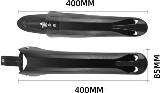 Afmetingen van een zwart fietsspatbord: 400 MM lang en 85 MM breed. Twee spatborden getoond.