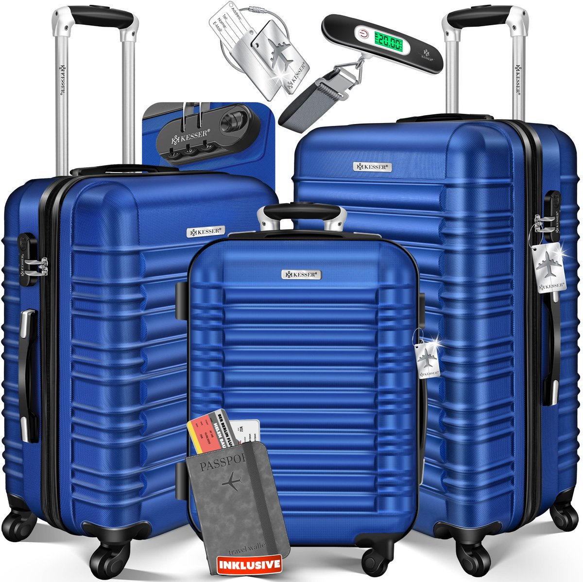 KESSER® 3x Koffer, reiskofferset, trolleykoffer harde kofferset incl. bagageweegschaal + bagagelabel rollend kofferslot 4 wielen ABS harde schaal telescopisch handvat M-L-XL - Blauw