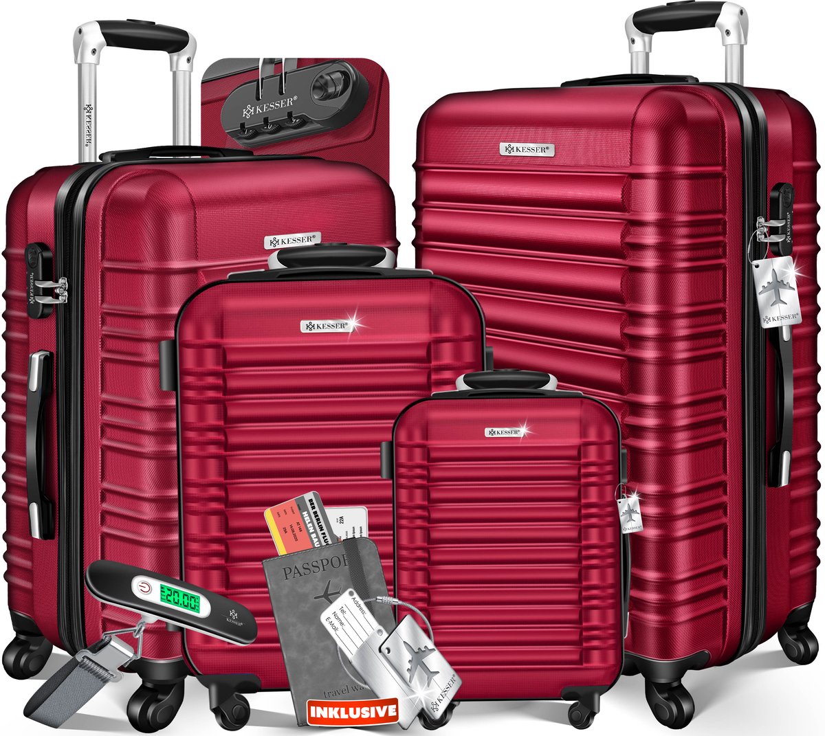 KESSER® 4x Koffer, reiskofferset, trolley koffer, incl. bagageweegschaal + bagagelabel rollend kofferslot, 4 wielen ABS, harde schaal telescoopgreep S-M-L-XL - Bordeaux