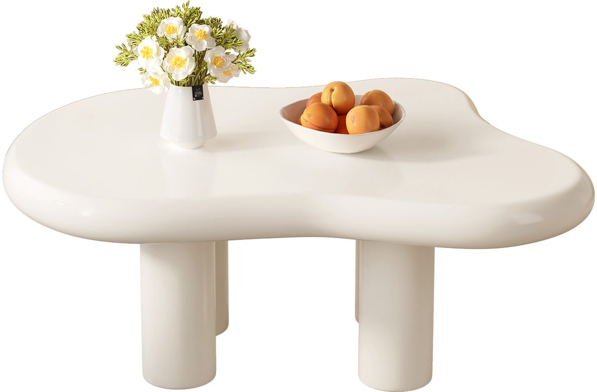 GUYII Salontafel 90 cm Salontafel wolk wit, minimalistische midden theetafel voor de woonkamer, onregelmatige Koffietafel met vier poten, Woonkamertafel voor thuis Crèmewit
