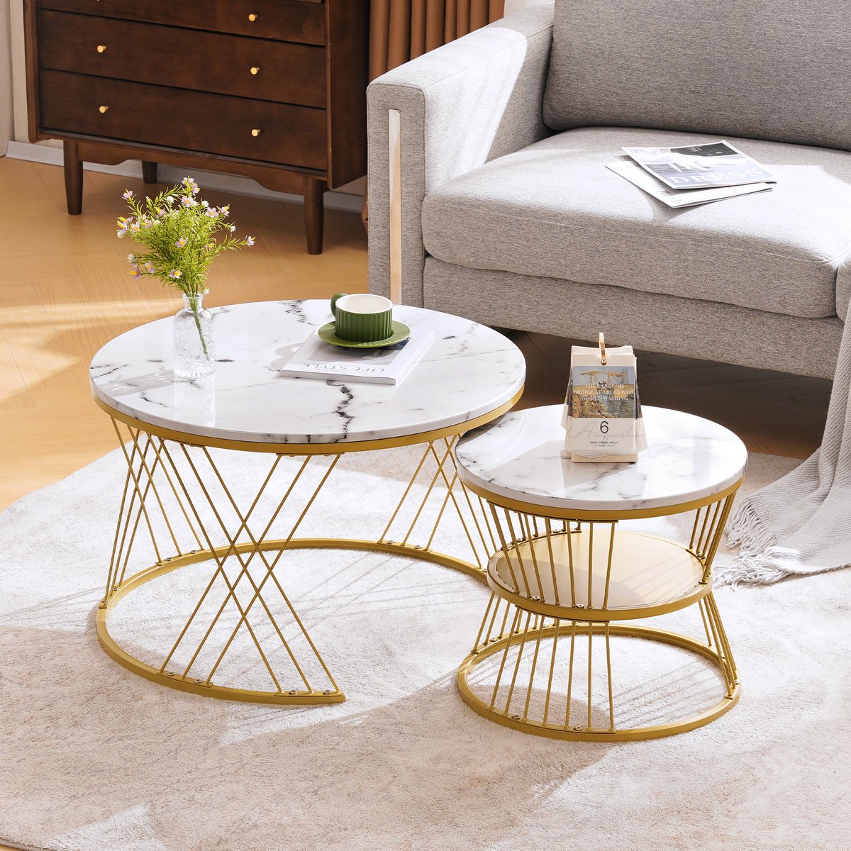 Pugsdrly Moderne nesttafel, hoogglans salontafelset, marmerfineer banktafel, ronde bijzettafels, set van 2, goudkleurig frame Wit PU