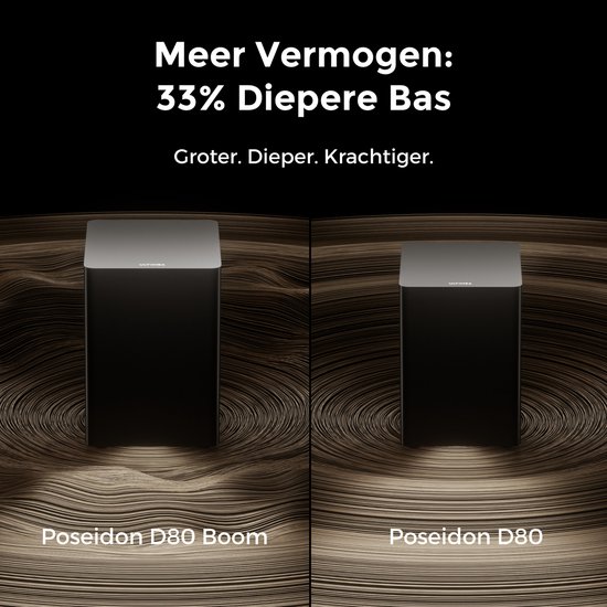 Vergelijking van twee zwarte subwoofers: Poseidon D80 Boom en Poseidon D80. De 'Boom'-versie toont een grotere bas.