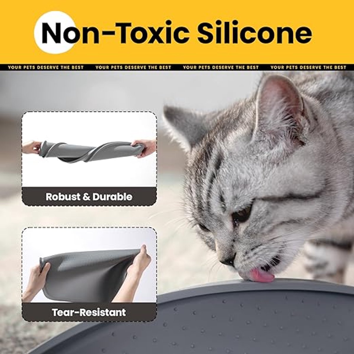 Kattenvoermat, 1,2 cm verhoogde randen hondenbakmat voor morsen insluiting, BPA-vrij siliconenrubber, 100% waterdicht (grijs, 48 x 30 cm)