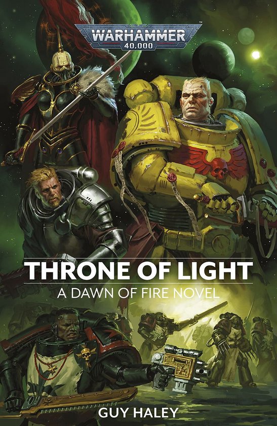 Warhammer 40,000 : Throne of Light - Un homme en armure jaune, un homme en armure grise et une figure en cape rouge avec un casque.