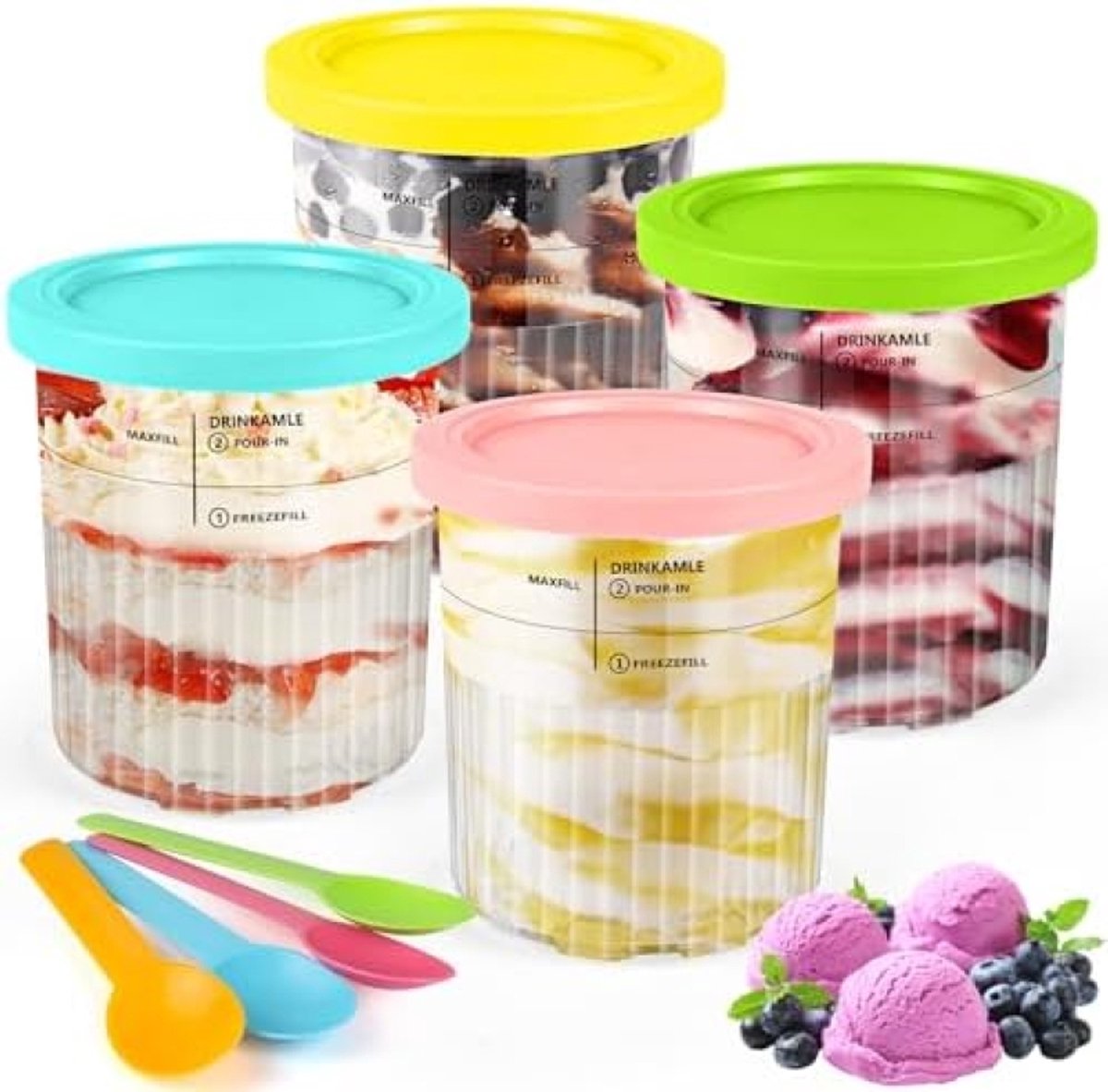PolkaHome IJscontainerset - 4 Stuks Vriesbakken met Lepels voor Dessertbereiding
