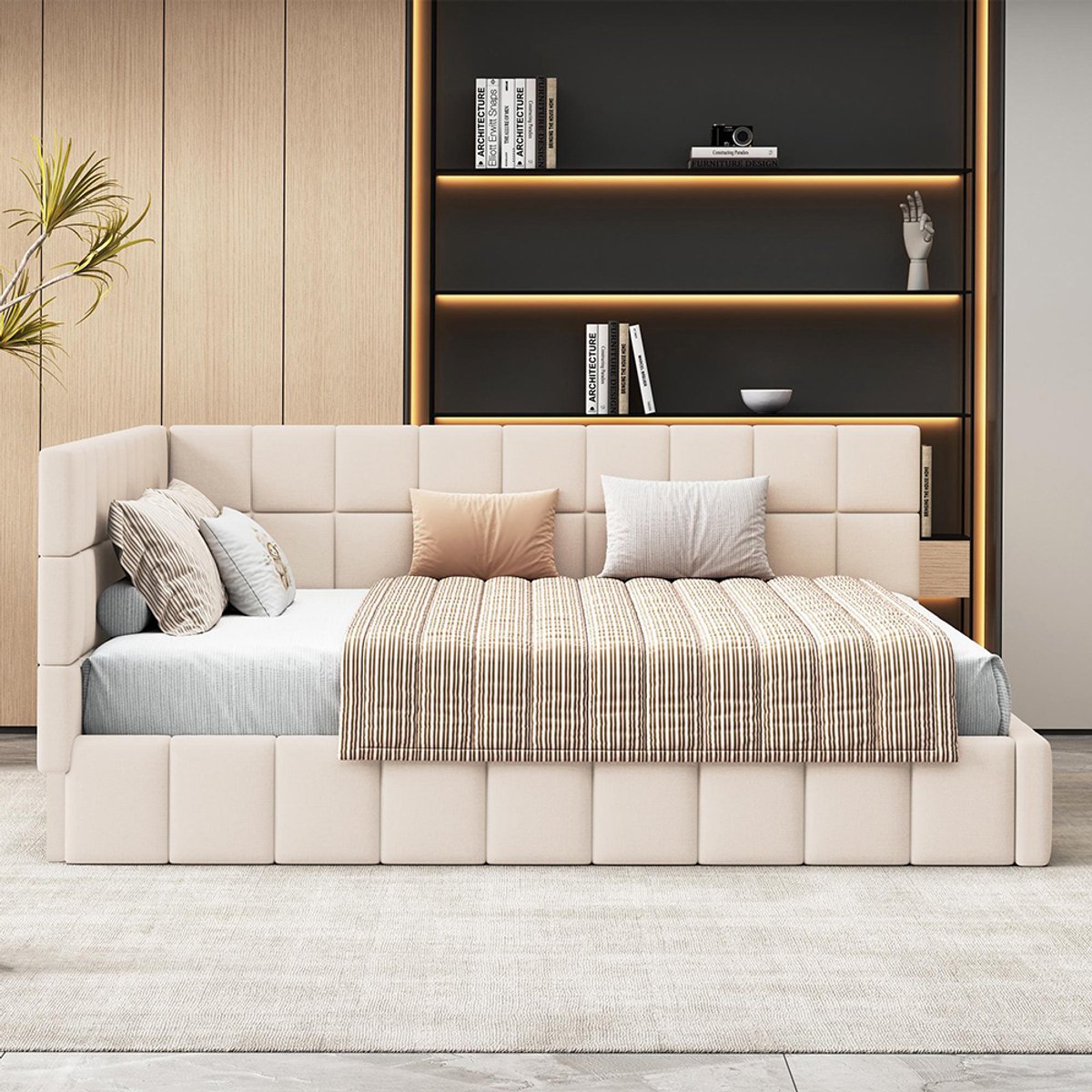 BLACKCOLORS Gestoffeerd bed Slaapbank 160x200 Multifunctioneel bed met lattenbodem huidvriendelijke beige fluwelen stof