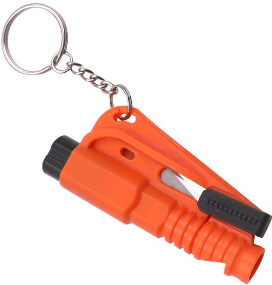 Oranje 3-in-1 autoveiligheidshamer met sleutelring, raambreker en gordelsnijder.