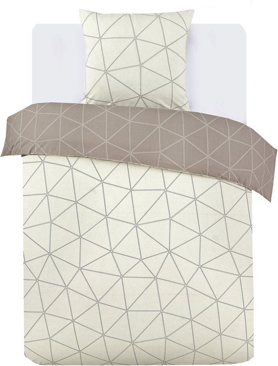 Crème dekbedovertrek met beige geometrisch driehoekspatroon en bijpassende kussensloop.