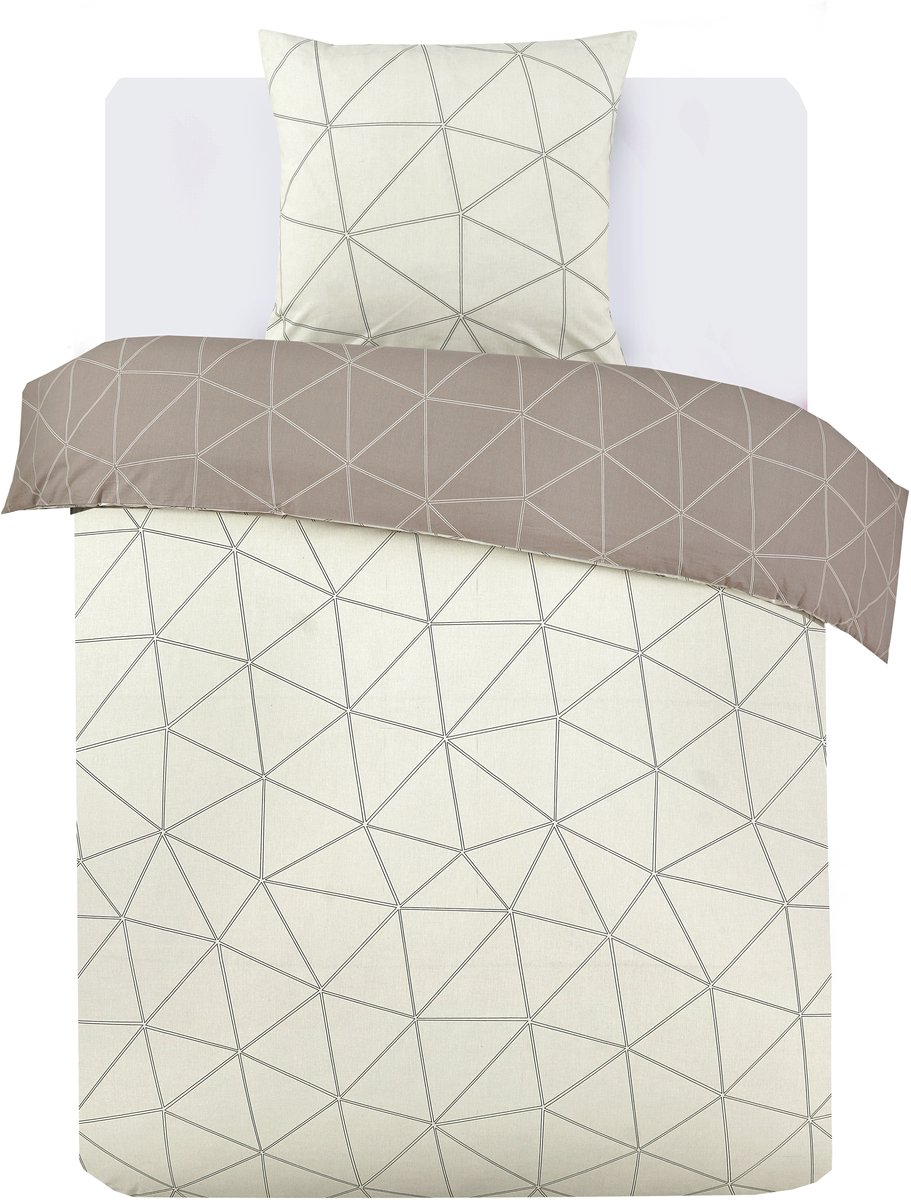 VISION Hugo Flanel - Tweezijdig omkeerbaar Dekbedovertrekset - 100% katoen flanel: warm en zacht - Eenpersoons - Dekbedovertrek 140 x 200 cm met 1 bijhorende sloop - Beige - Oekotex gecertificeerd