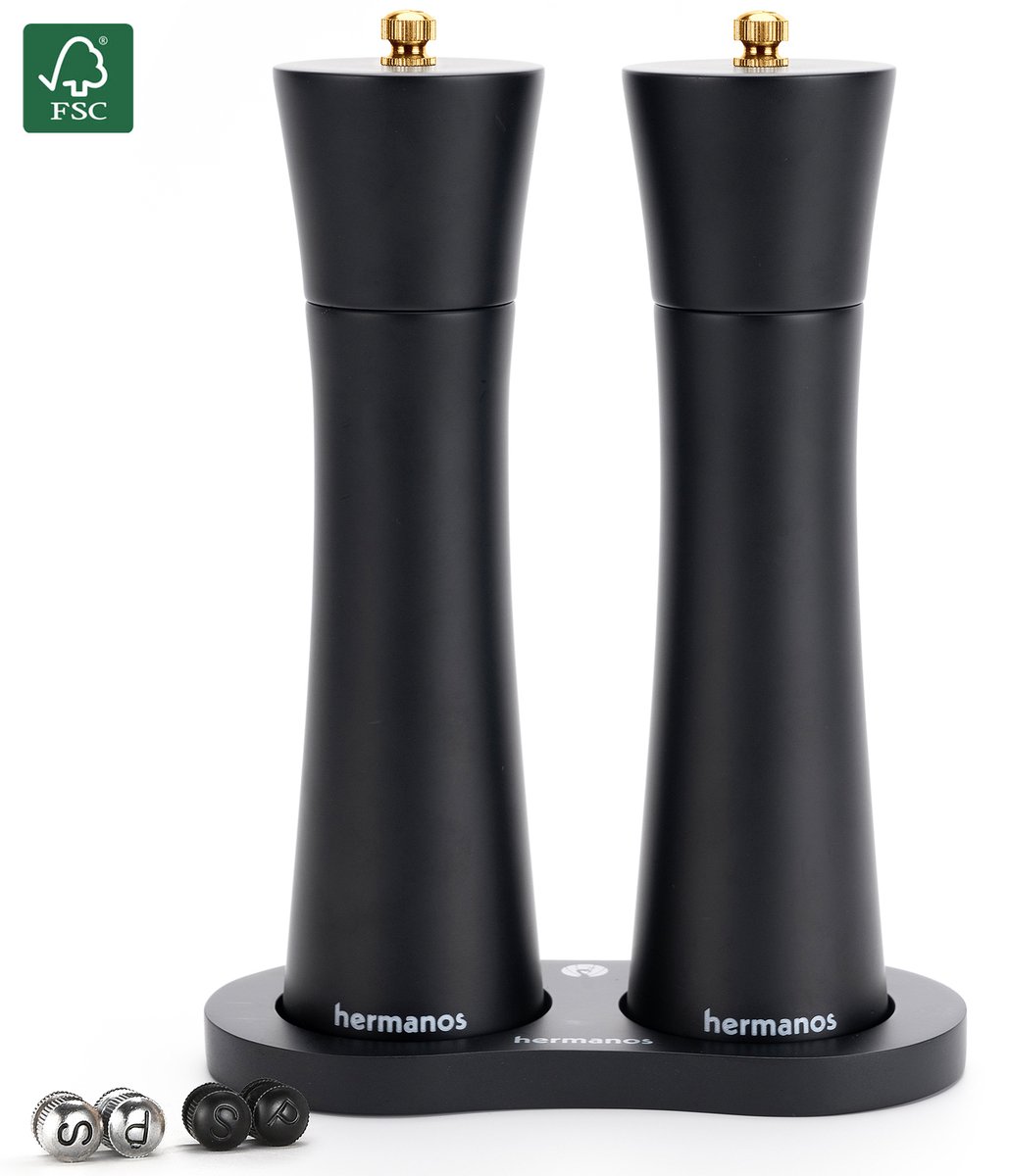 Peper en Zoutmolen Set Handmatig Acaciahout Bali Zwart Hermanos® - Peper- & Zoutstel - 22 cm - Verwisselbare knoppen zwart, zilver en goud - Instelbare maalgraad - BBQ Accessoires