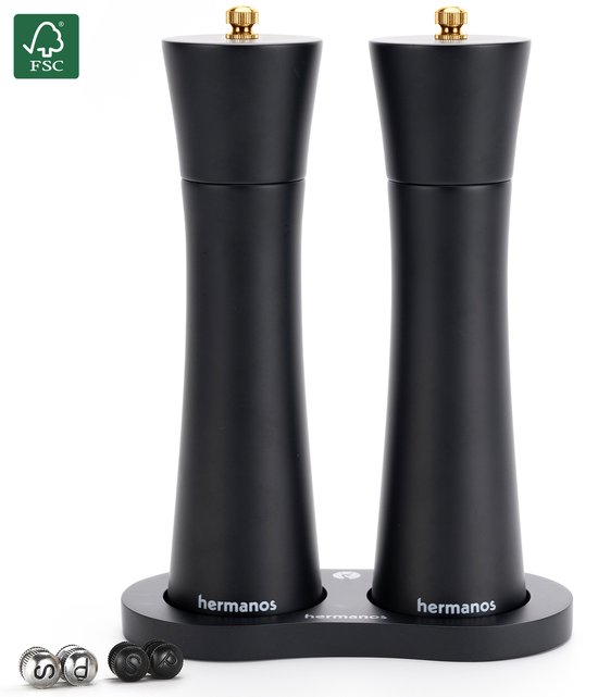 Peper en Zoutmolen Set Handmatig Acaciahout Bali Zwart Hermanos® - Peper- & Zoutstel - 22 cm - Verwisselbare knoppen zwart, zilver en goud - Instelbare maalgraad - BBQ Accessoires