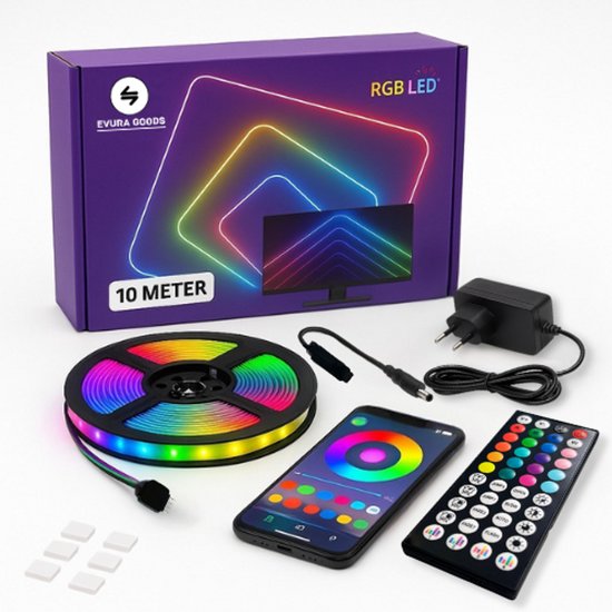 Foto: Evura goods led strip 10 meter rgb met afstandsbediening telefoon app dimbaar smart led light verlichting led strips timer en muziek modus led lights smart home verlichting
