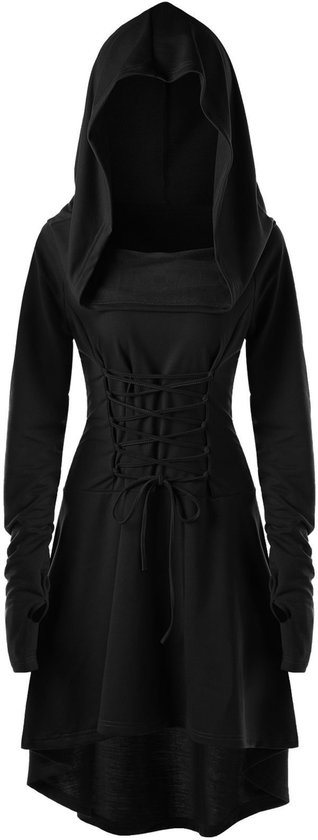 Robe noire à capuche, laçage devant et manches longues avec passe-pouces.