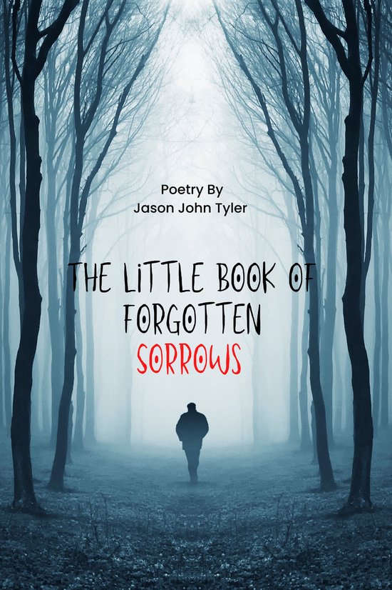 Couverture de livre avec la silhouette d'une personne dans une forêt brumeuse bleue, titrée The Little Book of Forgotten Sorrows.