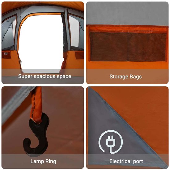 vidaXL - Familietent - met - Ramen - Tunnel - Grijs - en - Oranje - 8-Persoons - Waterdicht van Vidaxl — afbeelding 3