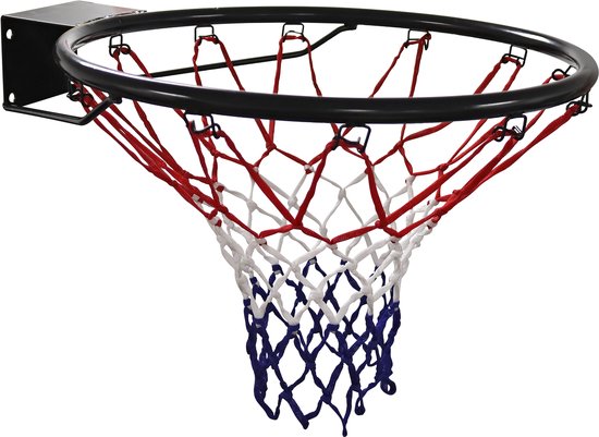 Cerceau de basket-ball noir avec un filet rouge, blanc et bleu.
