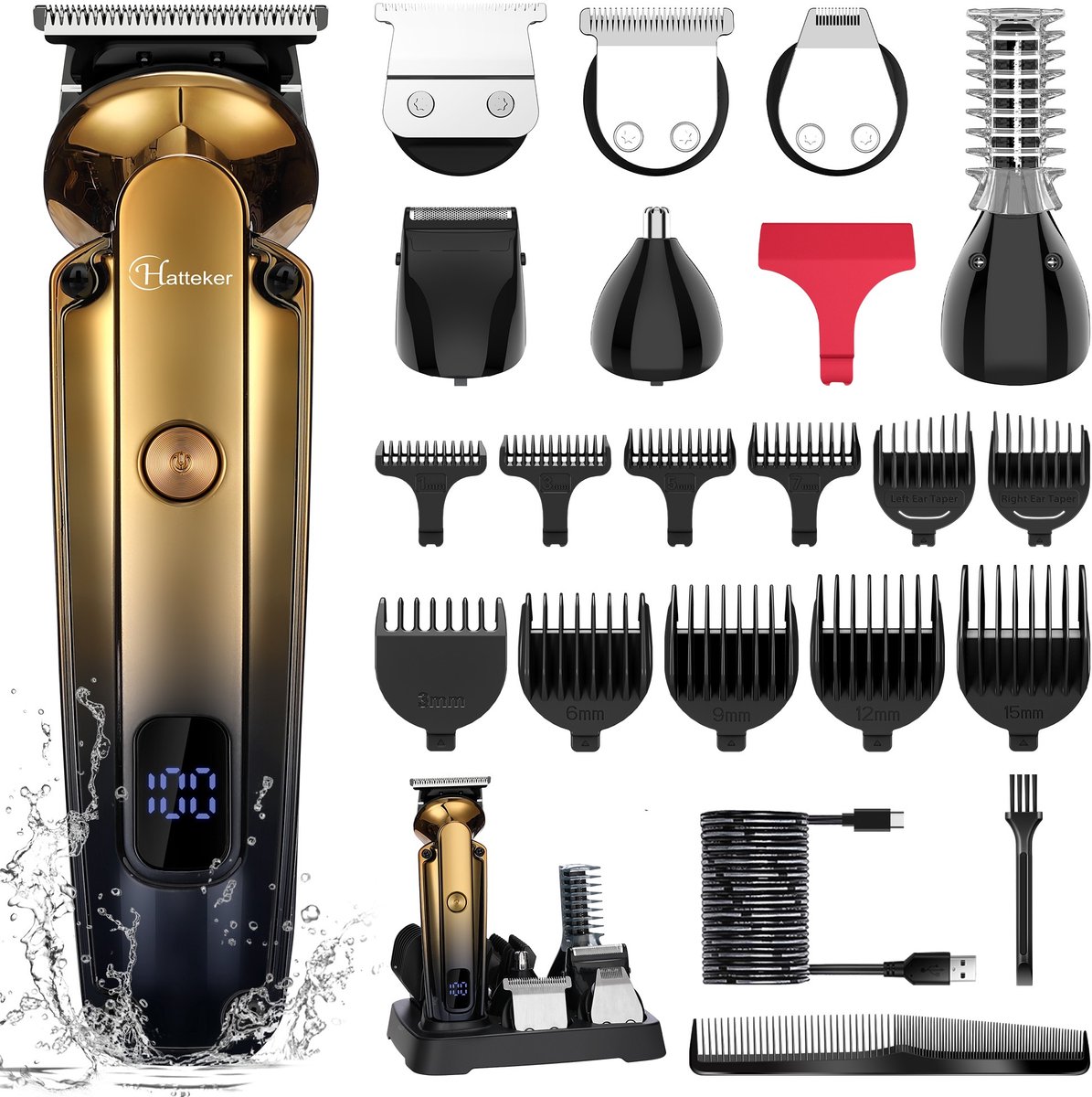 Hatteker 7-in-1 Baardtrimmer & Haartrimmer voor Mannen – Elektrisch Scheerapparaat – Draadloos, Waterdicht & Oplaadbaar – Complete Grooming Set – Goud
