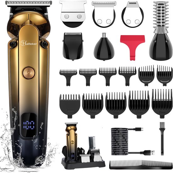 Hatteker 7-in-1 Baardtrimmer & Haartrimmer voor Mannen – Elektrisch Scheerapparaat – Draadloos, Waterdicht & Oplaadbaar – Complete Grooming Set – Goud