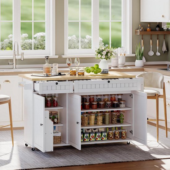Îlot de cuisine Pugsdrly avec plan de travail rabattable, meuble de cuisine sur 6 roulettes verrouillables, avec étagère, étagère de porte, 2 grands tiroirs et placard, blanc, 137 x 89,5 x 45 cm