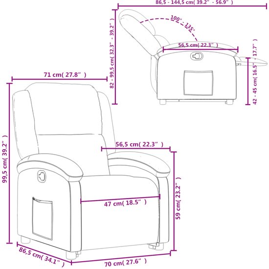 Bordeauxrode fauteuil van stof met afmetingen: 71cm breed, 99.5cm hoog, 86.5cm diep.