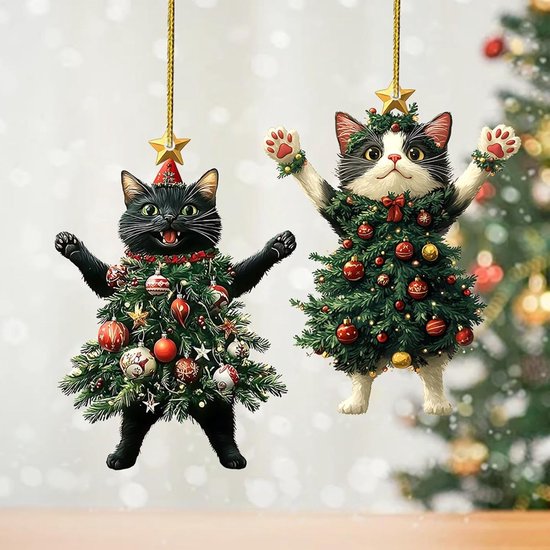 Kerst Hangornamenten Set 2 Stuks - Schattige Katten Kerstballen voor Boom en Auto - Feestelijke Katten Hangdecoratie voor Oud en Nieuw - Leuk Kerstboom Accessoire voor Binnen