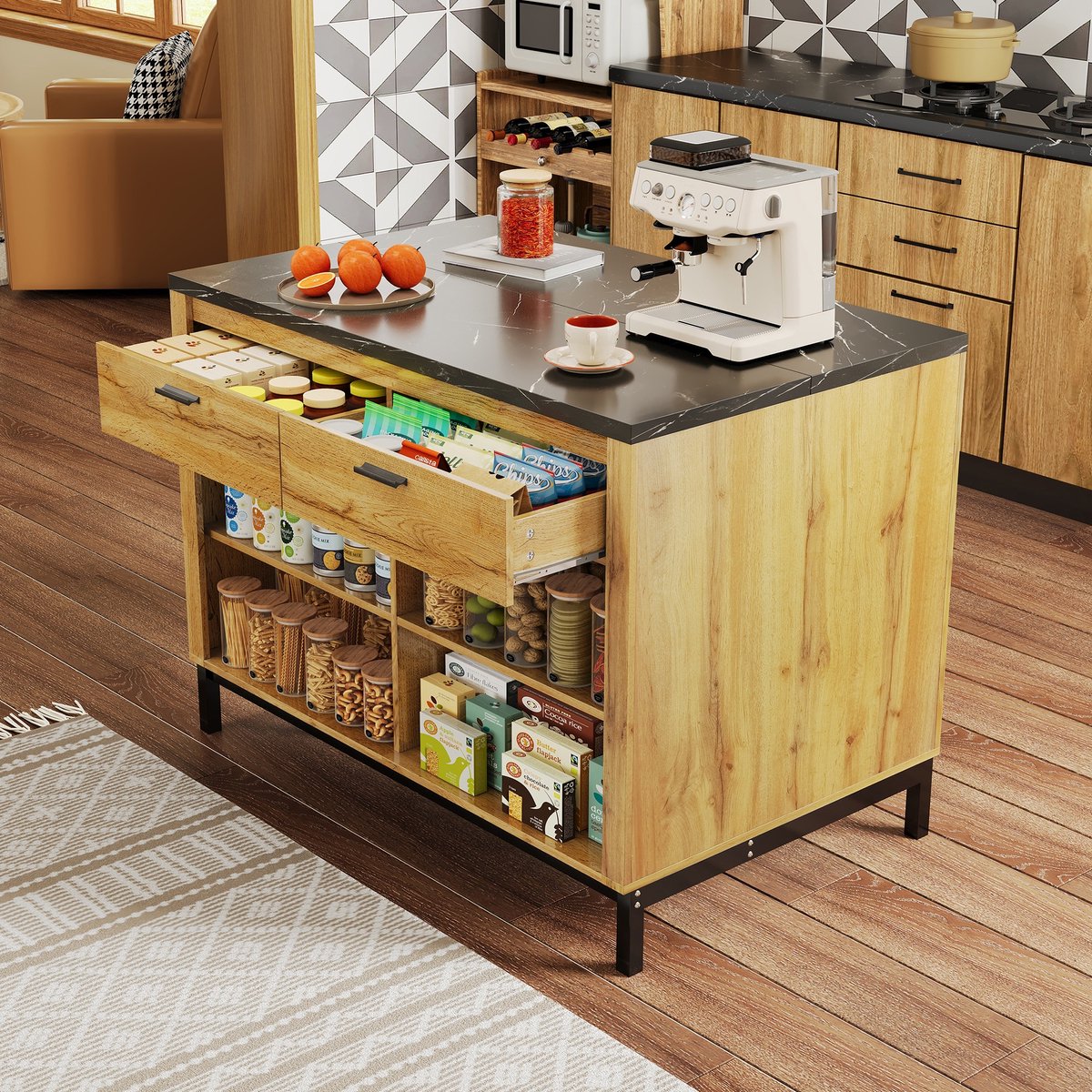 Sweiko Buffetkast - 2 lades - 4 open planken - Marmerlook - Metalen poten - Zwart + Naturel