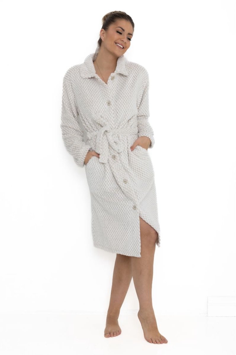 Badjas met knopen – dames badjas fleece – met knoopsluiting – zacht & warm - lichtbeige - maat XXL