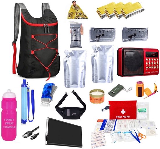 Advanced 2025 Compleet Noodpakket voor Thuis - Noodradio - Survivalradio - Overlevingspakket - EHBO Kit - Powerbank - Rugzak - Waterfilter - Warmtedeken - Noodkaars - Nood Toilet - Knijpkat Zaklamp - Noodfluit - Waterzakken 1000ml - Lucifers