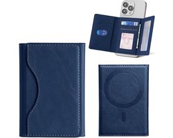 Pasjeshouder Portemonnee - Geschikt voor iPhone 12/13/14/15/16/17 (Mini/Pro/Max/Plus/Air) – Opvouwbare leren kaartsleuven - Geschikt voor MagSafe Hoesjes - Blauw