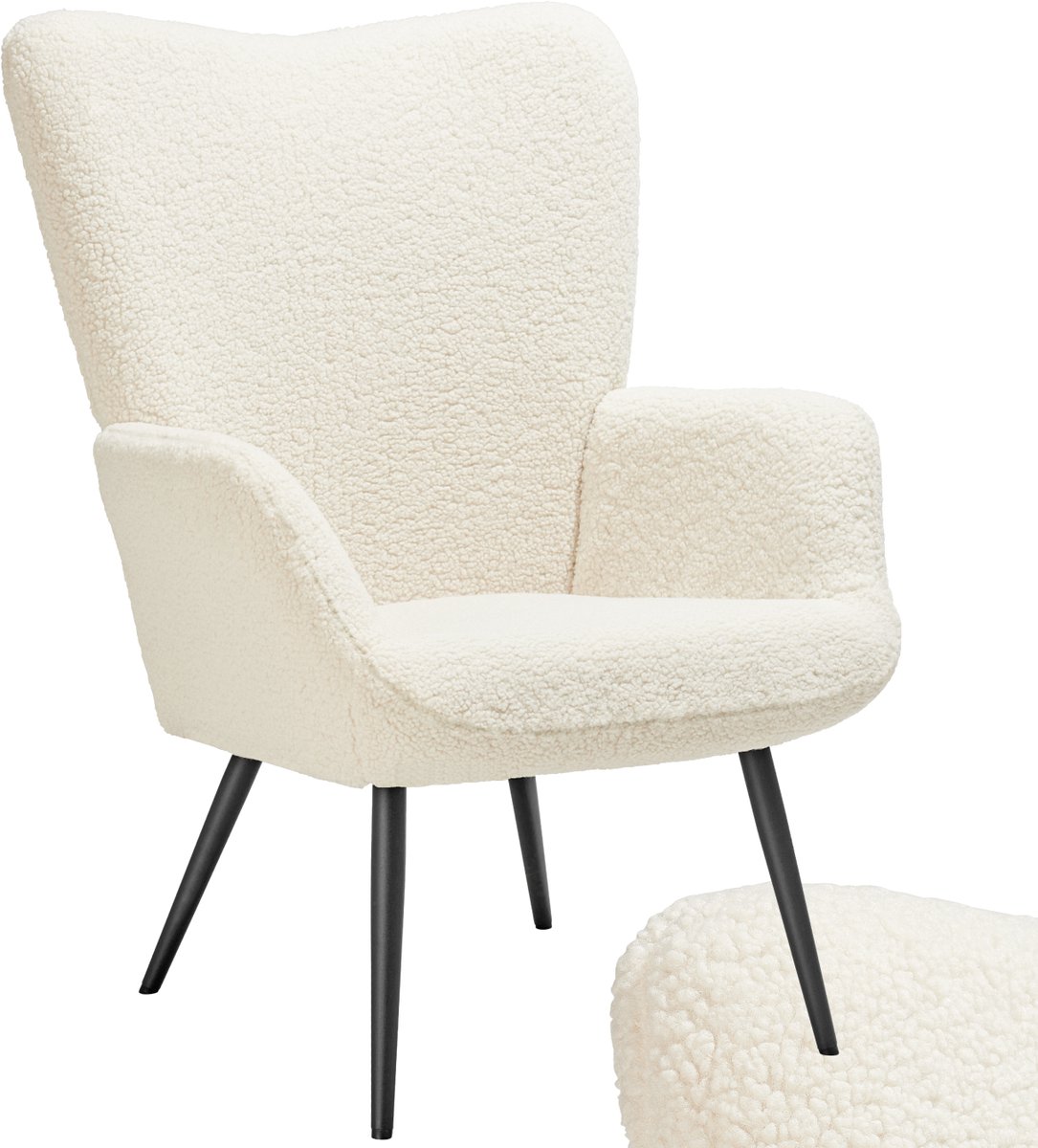 Tectake Oorfauteuil – Scandinavische Teddy Bouclé Fauteuil voor Woonkamer en Slaapkamer – Loungefauteuil met Zwart Metalen Poten – Draagvermogen 150kg – Crème creme zwart