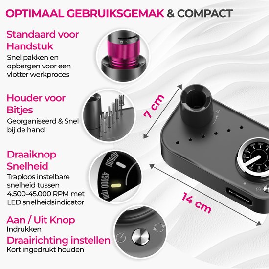 FOOCCA® Elektrische Nagelvijl - Nagelfrees 45000 RPM - Desktop Pro - LED Verlichting - 12 Bitjes + 65 Schuurrolletjes + 2 Accessoires - Nagelstofkap - Manicure en Pedicure Set - Eeltverwijderaar - Kalknagels