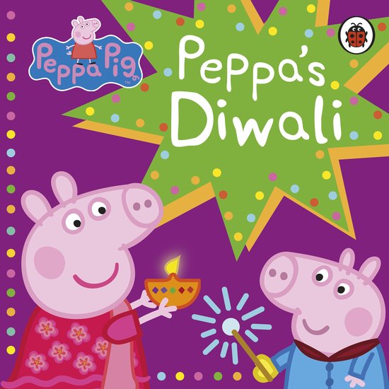Peppa Pig dans 'Peppa's Diwali' avec une diya et des feux d'artifice. Avec Peppa et George.
