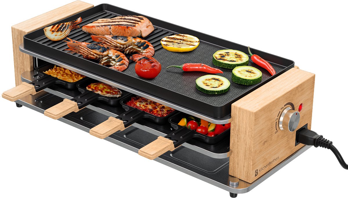 KitchenBrothers Gourmetstel - 950W - Gourmetplaat 8 Personen - BPA-vrij - Set met Pannetjes en Spatels - 46,5 x 23 cm - Hout/Zwart