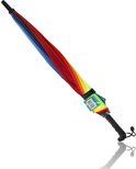 Gesloten regenboogparaplu met veelkleurige vlakken in rood, oranje, geel, groen, blauw en grijs. Zwarte steel met lus.