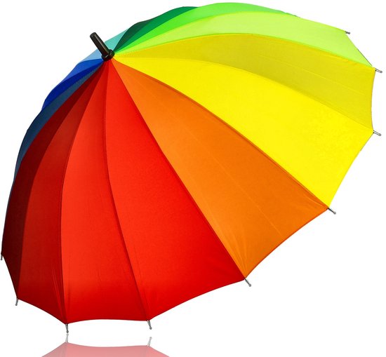 Grote regenboogparaplu met 16 gekleurde vlakken in rood, oranje, geel, groen, blauw en grijs. Zwarte steel met gebogen handvat.