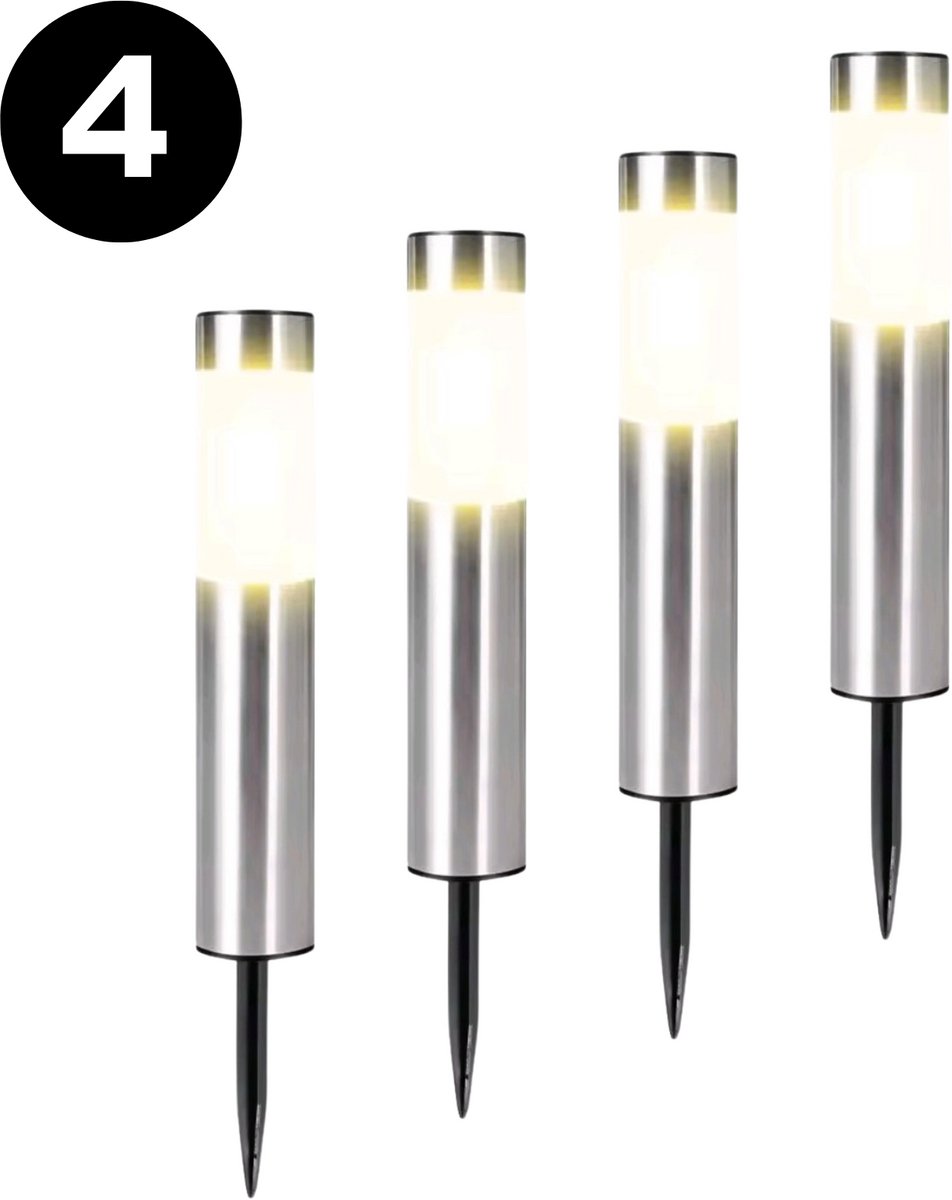 Solar Tuinverlichting – 4 Stuks Tuinverlichting op Zonneenergie – IP65 Waterdicht – Priklamp Padverlichting met Auto Aan/Uit – Decoratieve LED voor Tuin & Oprit - Zilver RVS - Buitenverlichting