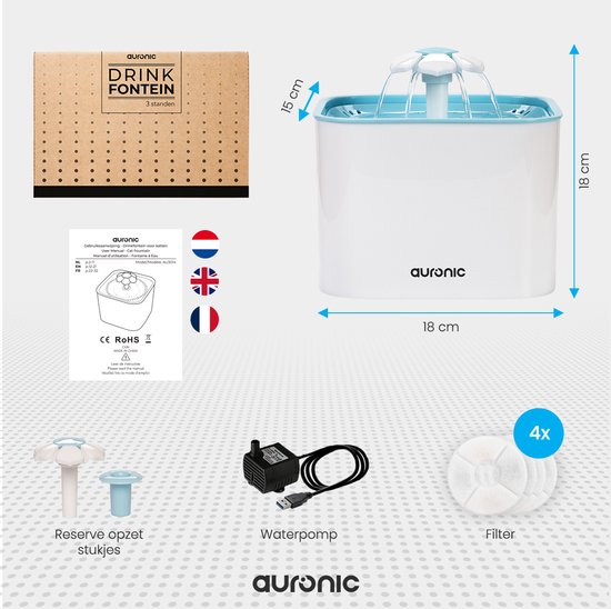 Auronic drinkfontein met 15cm hoogte en 18cm breedte, wit met blauw, inclusief 4 filters en handleiding.