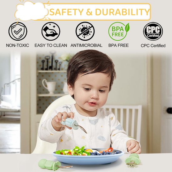 5 stuks -Kinderbord -Babybord van roestvrij staal -BPA-vrij -Antislip -Onbreekbaar -Uitneembaar -Geschikt voor kinderen van 1-3 jaar -Inclusief bord, kom, beker, vork, lepel -Grasgroen van LittleChums — afbeelding 4